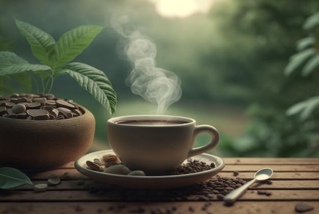 Filiżanka gorącej kawy z dymem i ziarnami kawy na stole z niewyraźnym tłem generatywnego ai ogródka kawowego