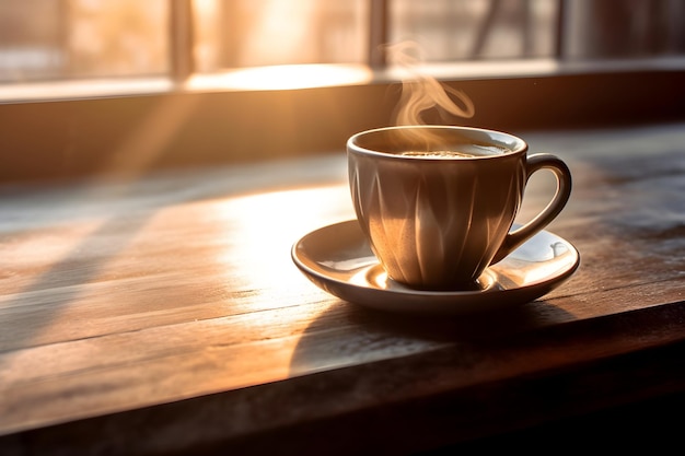 filiżanka gorącej kawy z parą na drewnianym stole w słońcu