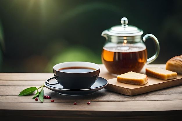 Filiżanka herbaty i filiżanka herbaty siedzą na drewnianym stole.