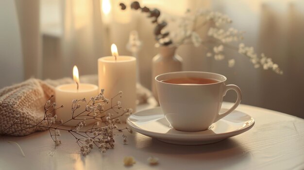 filiżanka herbaty i płonąca świeca w miękkich beżowych tonach koncepcja cichego luksusu