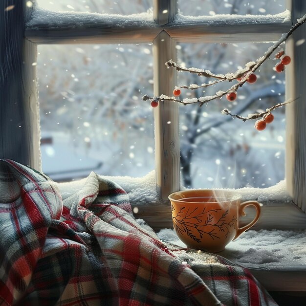 Zdjęcie filiżanka herbaty, koce, koce na parapecie, zimowy śnieg, zdjęcia generowane przez sztuczną inteligencję