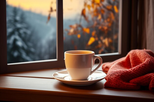 filiżanka herbaty lub kawy na stole przy oknie