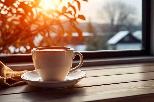 filiżanka herbaty lub kawy na stole przy oknie