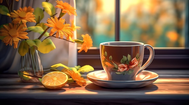 Filiżanka herbaty na parapecie okna