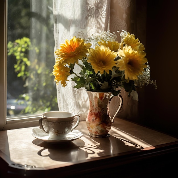 Filiżanka herbaty na parapecie okna
