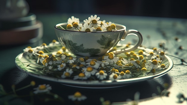 Filiżanka herbaty rumiankowej z kwiatami rumiankugenerative ai