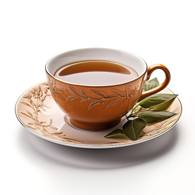 filiżanka herbaty siedzi na talerzu z liściem na nim