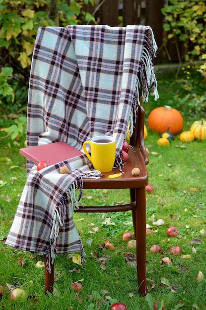 Filiżanka herbaty w kratę i książka na krześle relaks w ogrodzie