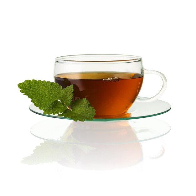 Filiżanka herbaty z aromatem gorącego napoju liści mięty pieprzowej na białym tle z odbicia