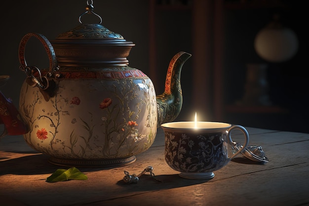 Filiżanka herbaty z cukiernicą i czajnikiem na szarym tle patrząc w górę