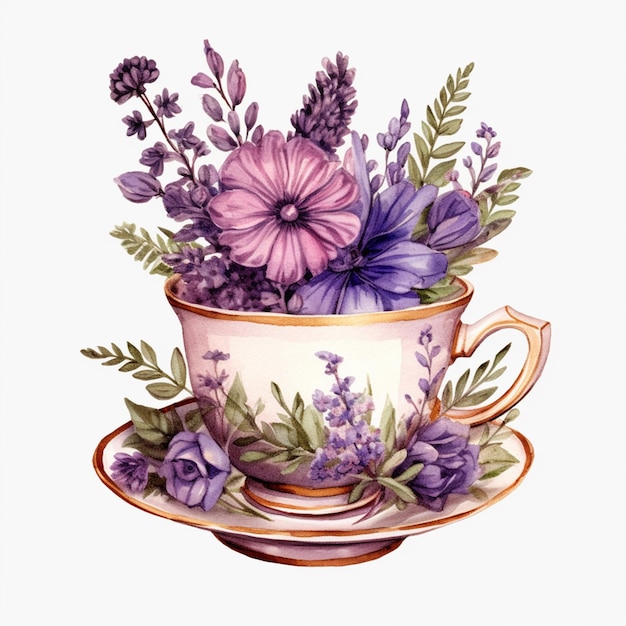 Filiżanka herbaty z kwiatami i bukietem kwiatów.