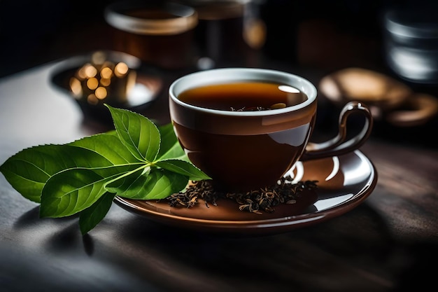 Zdjęcie filiżanka herbaty z liściem herbaty na stole