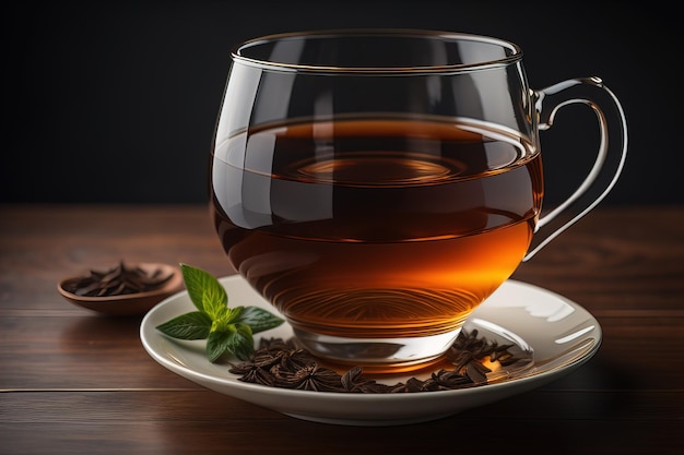 filiżanka herbaty z liśćmi mięty na drewnianym stole