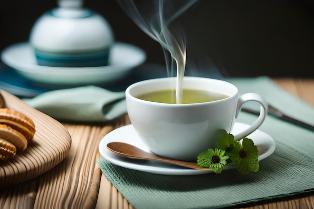 filiżanka herbaty z łyżką na stole z łyżką.