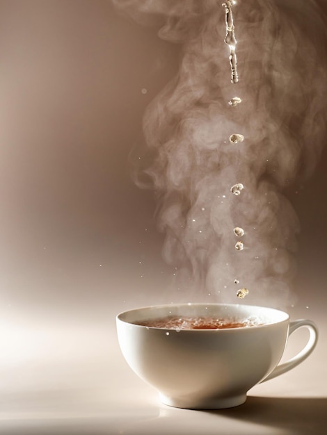 Filiżanka herbaty z parą na brązowym tle Proces parzenia herbaty Koncepcja przerwy na herbatę