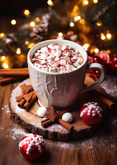 filiżanka kakao z marshmallows na noworocznym stole na drewnianym tle przytulna pionowa kartka świąteczna