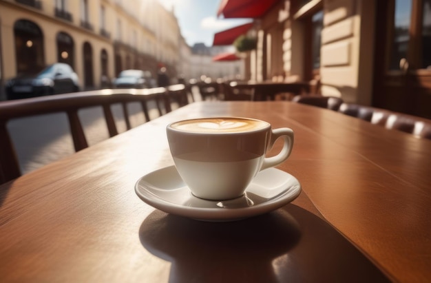 filiżanka kawy cappuccino na drewnianym stole w francuskiej kawiarni ulicznej
