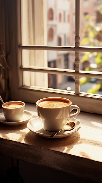 Filiżanka kawy espresso na stole w pobliżu okna z porannym światłem Fotografia żywności i napojów