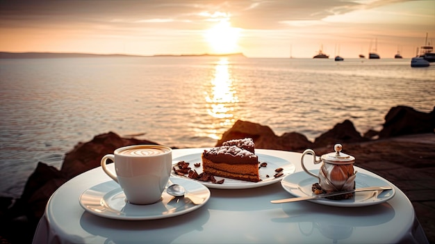 Filiżanka kawy i ciasto na stole z widokiem na morze