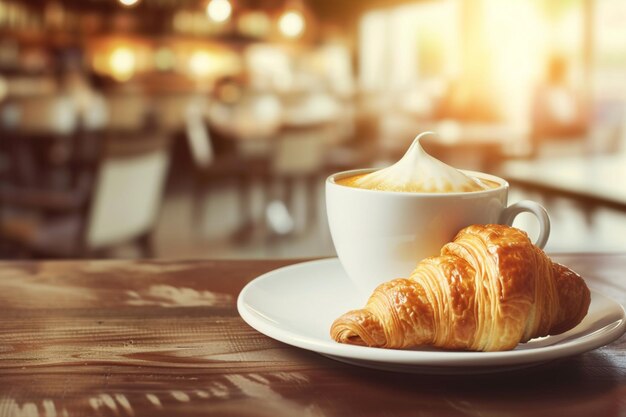 Zdjęcie filiżanka kawy i croissant na stole niewyraźne tło kawiarni