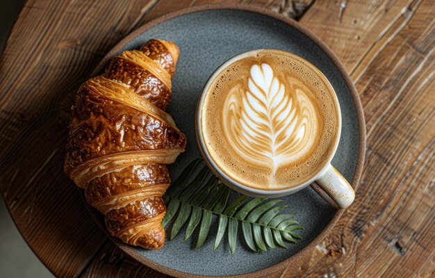 filiżanka kawy i croissant na talerzu