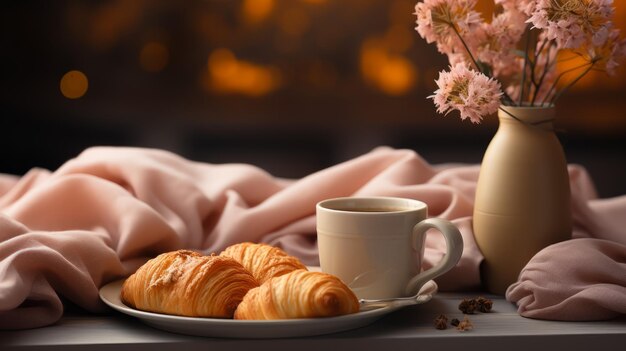 filiżanka kawy i croissanty na stole z różową szmatą