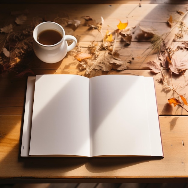 Zdjęcie filiżanka kawy i książka na drewnianym stole z jesiennymi liśćmi.