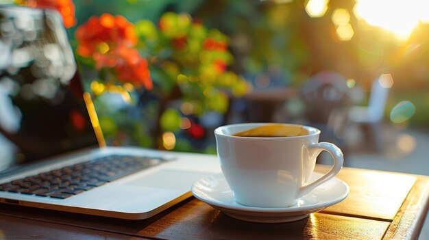 filiżanka kawy i laptop do porannej pracy na świeżym powietrzu