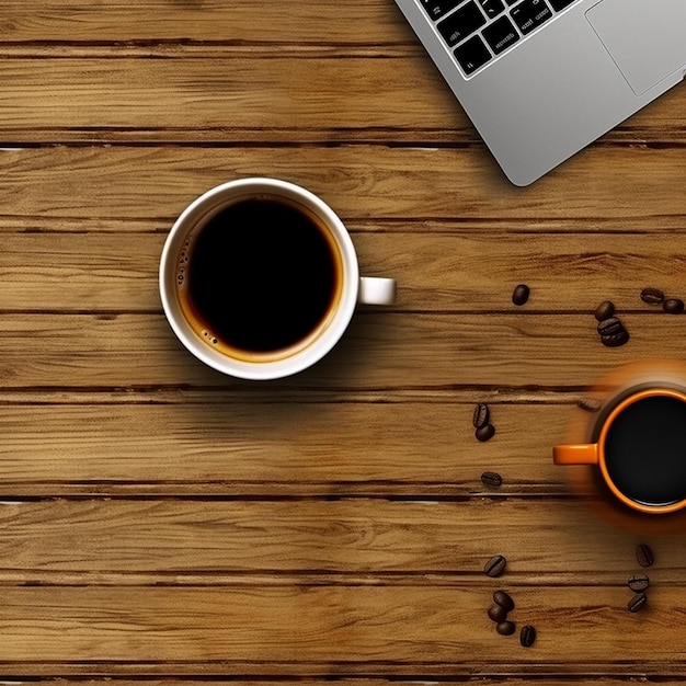 filiżanka kawy i laptop na drewnianym stole.