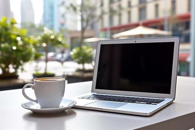 Zdjęcie filiżanka kawy i laptop w kawiarni biznes i koncepcja uczenia się