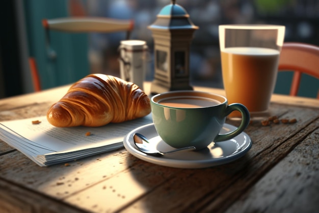 Filiżanka kawy i rogalik na stole bistro Śniadanie Rano kawa Kuchnia francuska