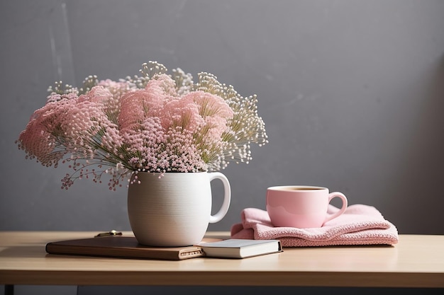filiżanka kawy i różowa wazonka z oddechem dziecka w pobliżu pustej drewnianej tablicy na biurku przy ścianie