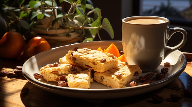 Filiżanka kawy i słodka baklava na drewnianym stolegenerative ai