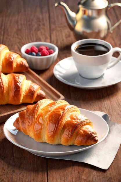 Filiżanka Kawy I Smaczne Croissanty Na Brązowym Drewnianym Tle