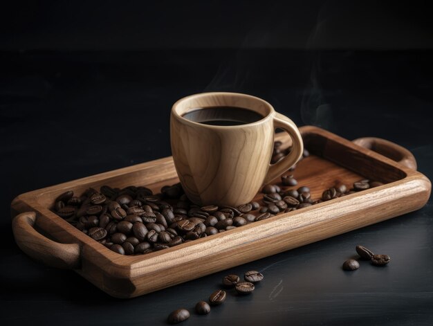 Filiżanka kawy i ziarna kawy na drewnianej tacy generatywnej ai