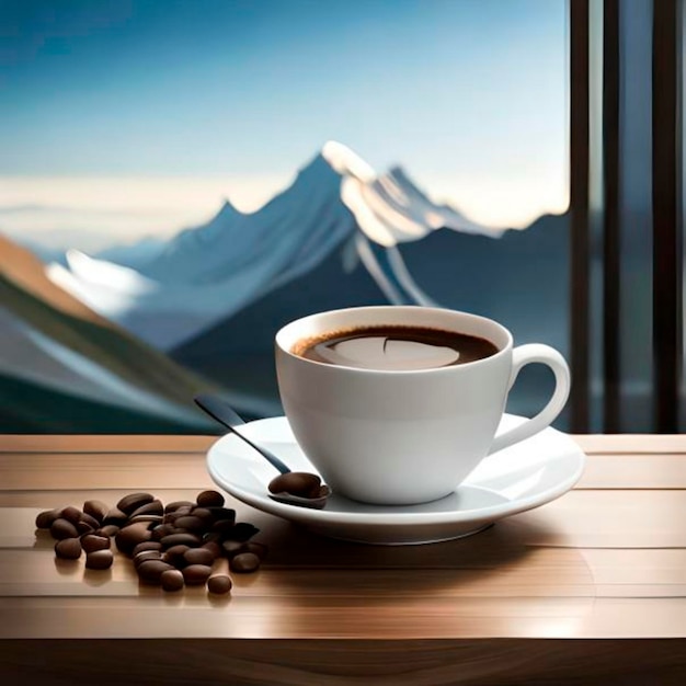 filiżanka kawy i ziarna kawy na drewnianym stole z górskim tłem