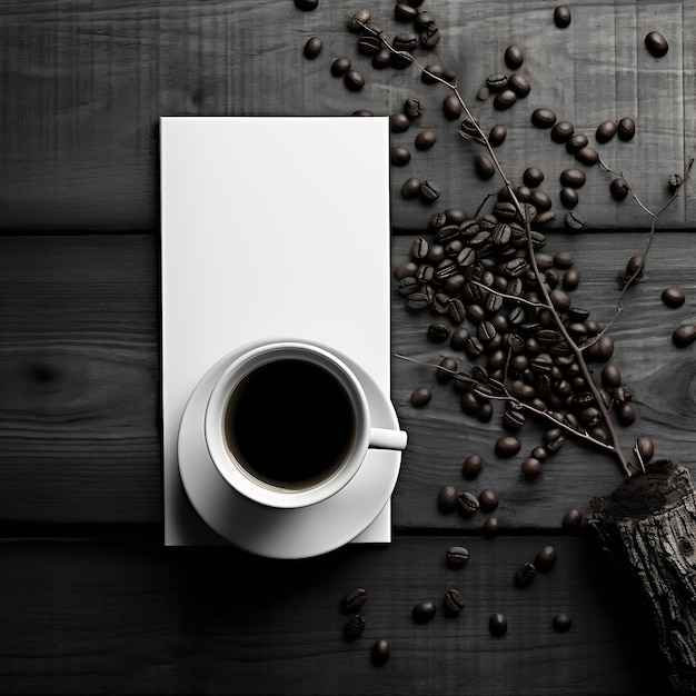 Filiżanka kawy i ziarna kawy na drewnianym tle widok z góry AI Generative