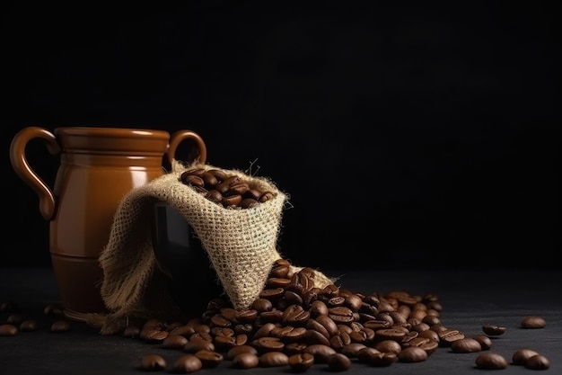filiżanka kawy i ziarna kawy w worku na ciemnym tle Generatywna ilustracja AI
