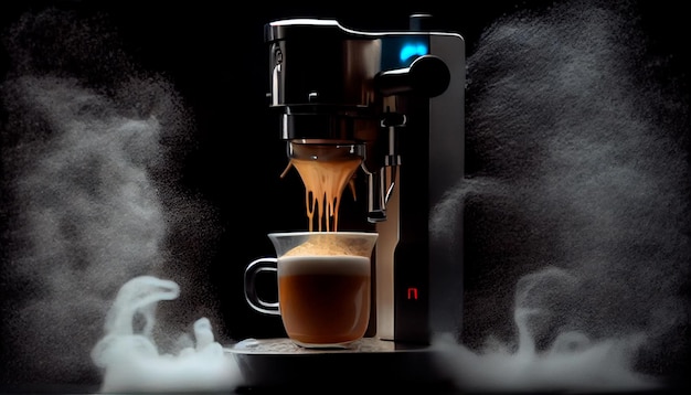 Filiżanka kawy jest napełniana płynem z ekspresu do kawy z parą wydobywającą się z górnej części filiżanki i pary wydobywającej się z górnej części filiżanki Generative AI