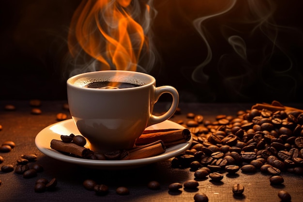 Filiżanka kawy latte w kształcie serca i ziaren kawy na starym drewnianym tle