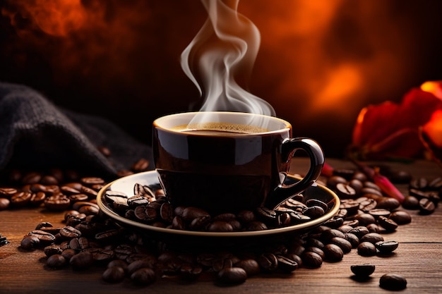Filiżanka kawy latte w kształcie serca i ziaren kawy na starym drewnianym tle