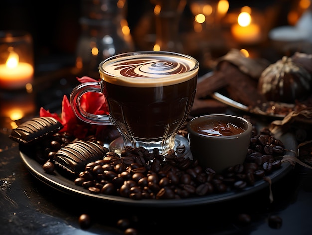 Filiżanka kawy latte w kształcie serca Ziarna kawy na starym drewnianym tle Generative ai