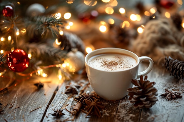 Filiżanka kawy między ozdobami świątecznymi