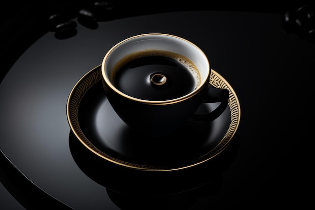 filiżanka kawy na czarnej płytce z złotymi wzorami odizolowanymi na czarnym tle Espresso