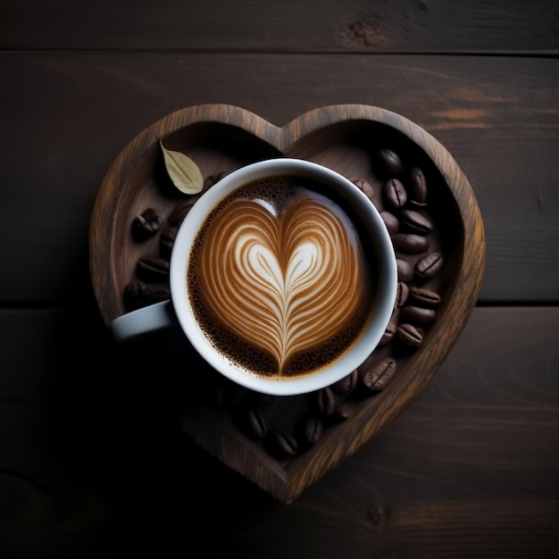 Filiżanka kawy na drewnianym stole pianka w kształcie serca Widok z góry Generatywna sztuczna inteligencja
