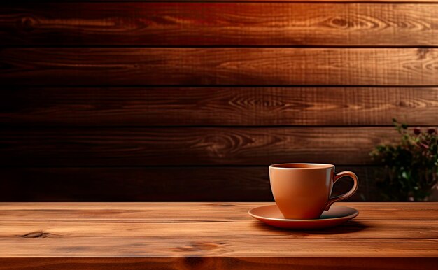 filiżanka kawy na drewnianym stole przed drewnianą ścianą stworzoną przez generatywną technologię sztucznej inteligencji