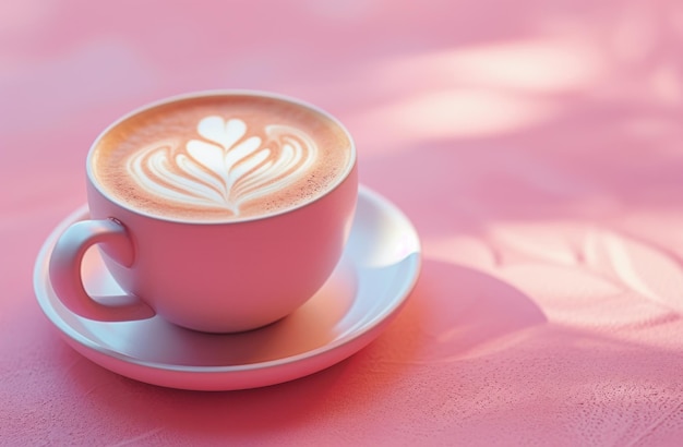 filiżanka kawy na różowym tle ze sztuką latte