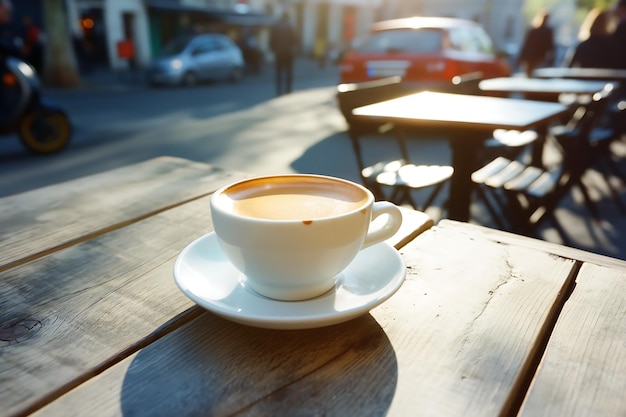 filiżanka kawy na stole na zewnątrz w pastelowych kolorach vintage w stylu retro scena kawiarni na chodniku