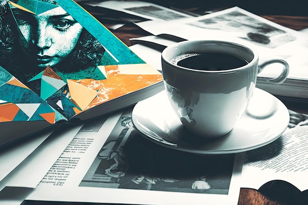Zdjęcie filiżanka kawy na stole obok książek kolaż z papieru artystycznego stworzony za pomocą generatywnej ai