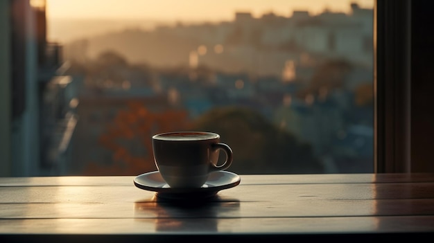 Filiżanka kawy na stole przed generatywnym widokiem miasta ai